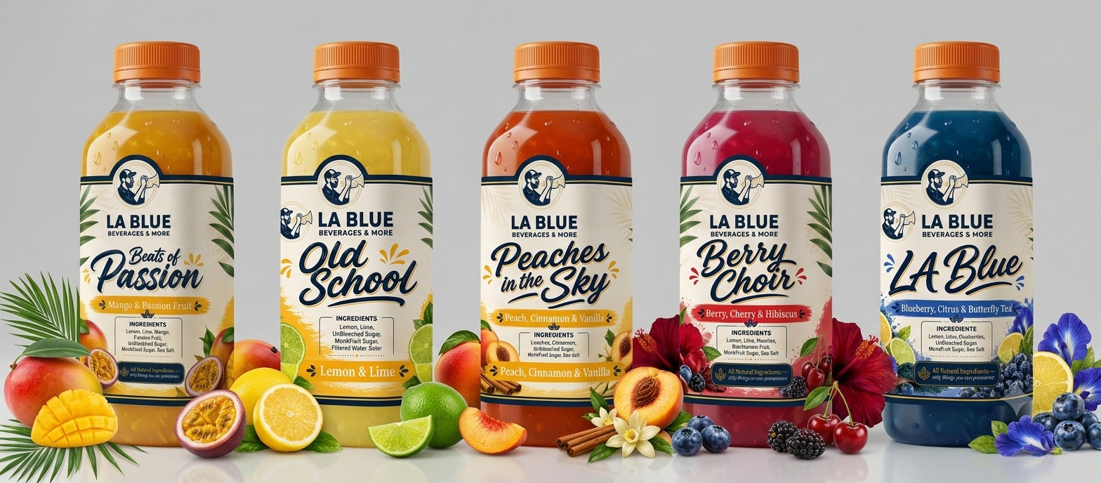 LA Blue bottle lineup with Beats of Passion, Old School, Peaches in the Sky, Berry Choir, and LA Blue signature flavor surrounded by fresh fruit ingredients